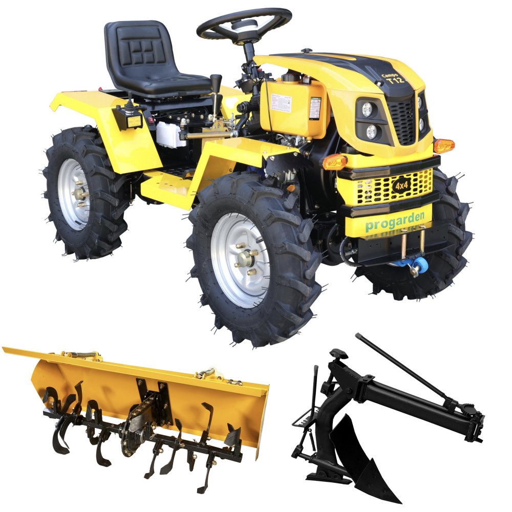 Minitractor ProGARDEN Campo T12 V25.1 4x4, 12CP, diesel, hidraulica fata-spate, roti 6.00-12 cu freza tractata si plug reversibil [1]