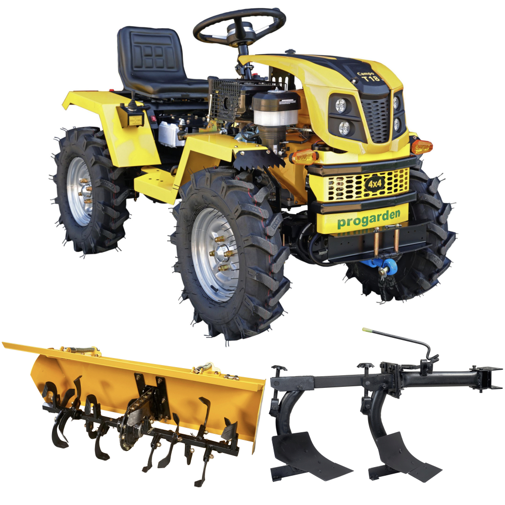 Minitractor ProGARDEN Campo T18 V25.1 4x4, 18CP, benzina, hidraulica fata-spate, roti 6.00-12 cu freza tractata si plug cu doua brazdare [1]