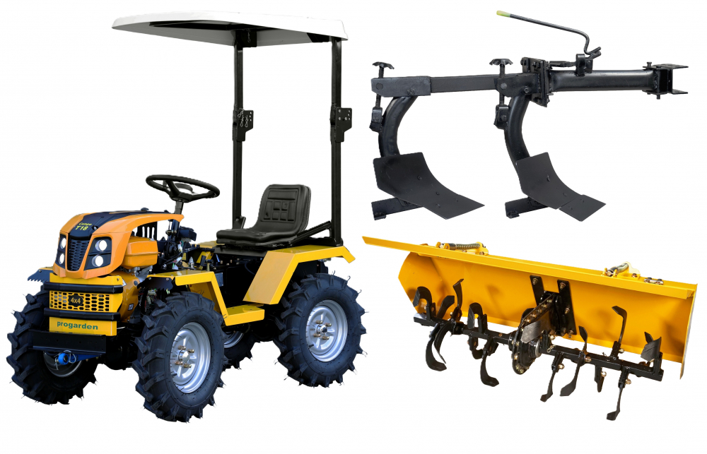 Minitractor ProGARDEN Campo T18 G2.1 4x4, 18CP, benzina, hidraulica fata-spate, roti 6.00-12 cu acoperis protectie + freza tractata si plug reversibil [1]