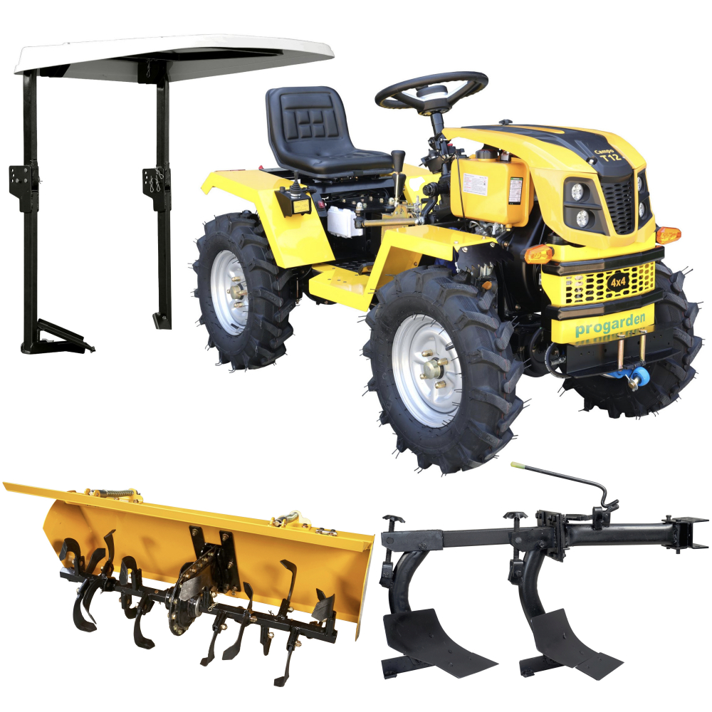 Minitractor ProGARDEN Campo T12 V25.1 4x4, 12CP, diesel, hidraulica fata-spate, roti 6.00-12 cu acoperis + freza tractata si plug cu doua brazdare [1]