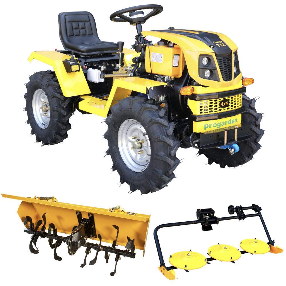 Minitractor ProGARDEN Campo T12 V25.1 4x4, 12CP, diesel, hidraulica fata-spate, roti 6.00-12 cu freza tractata si cositoare rotativa cu discuri [1]
