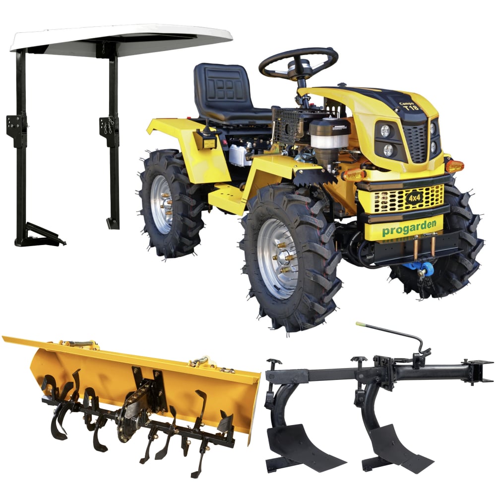 Minitractor ProGARDEN Campo T18 V25.1 4x4, 18CP, benzina, hidraulica fata-spate, roti 6.00-12 cu acoperis + freza tractata si plug cu doua brazdare [1]