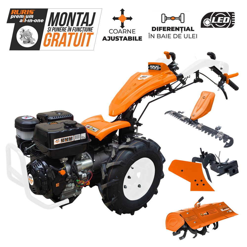Motocultivator RURIS 977CSP 16CP, benzina, pornire electrica, 3+2 viteze, diferential + lama de cosit 977S + freza de sapat S977 + plug P977 [1]