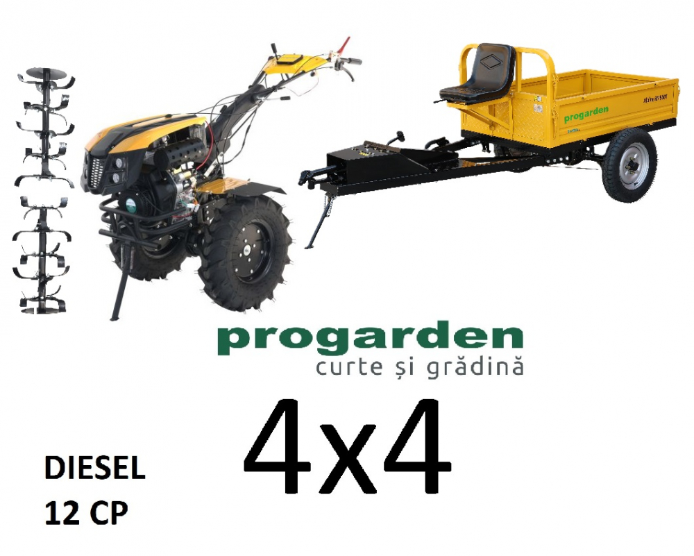 Motocultor cu tractiune 4x4 Progarden Campo 1273 Alpine, 12CP, diesel, euro5, pornire electrica, remorca ProGARDEN Campo RMT500T cu tractiune [1]