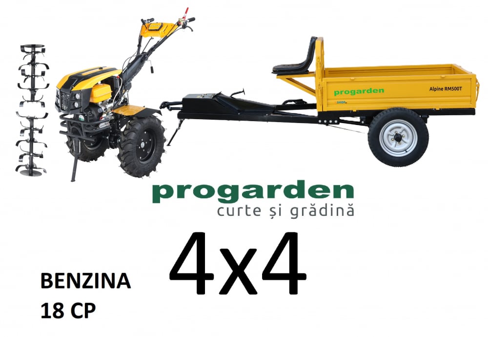 Motocultor cu tractiune 4x4 Progarden Campo 1873 Alpine, 18CP, benzina, euro5, pornire electrica, remorca ProGARDEN Campo RMT500T, cu tractiune [1]