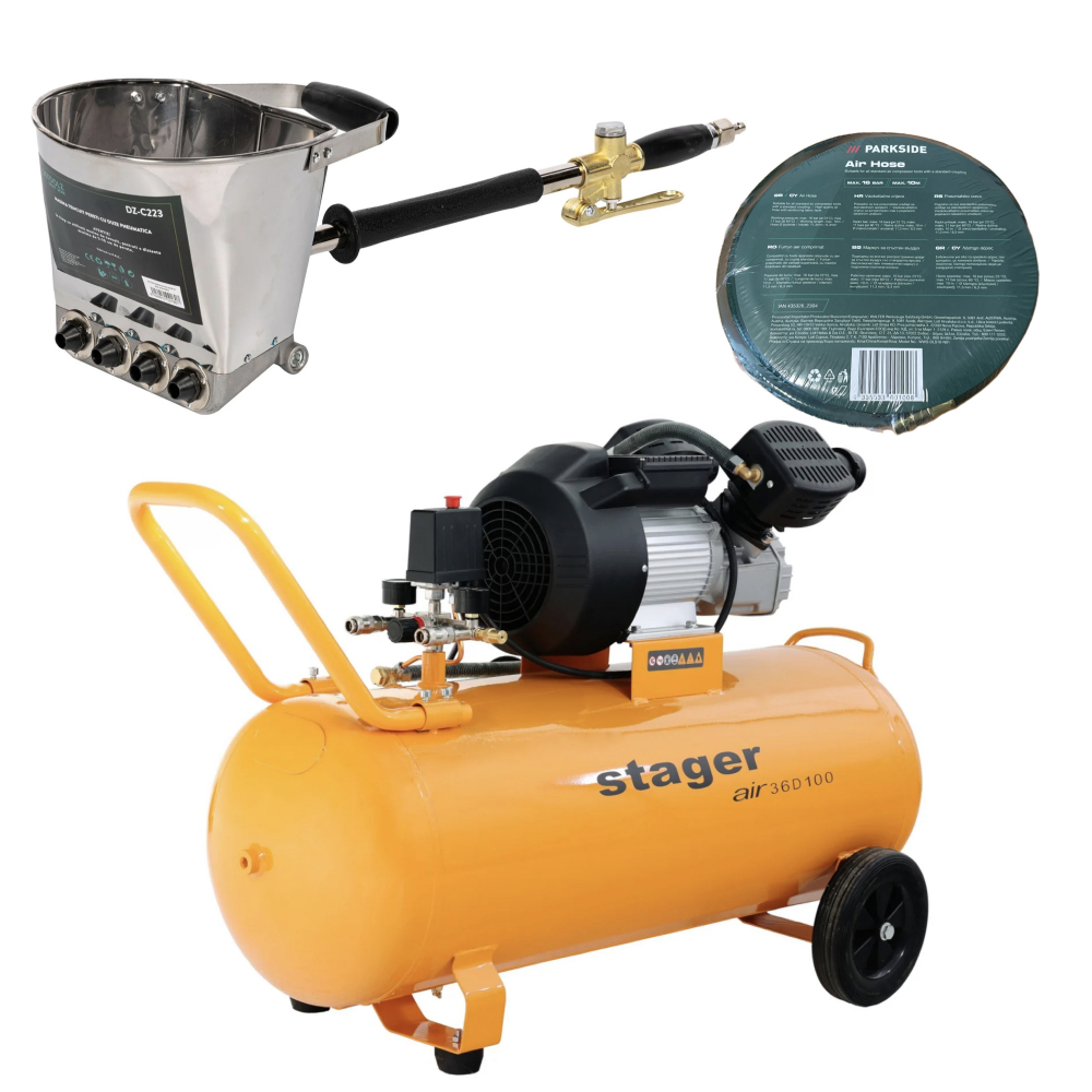 Pachet compresor Stager Air 36D100, 100L,10 bar cu masina de tencuit pereti Detoolz si furtun Parkside 10 m [1]
