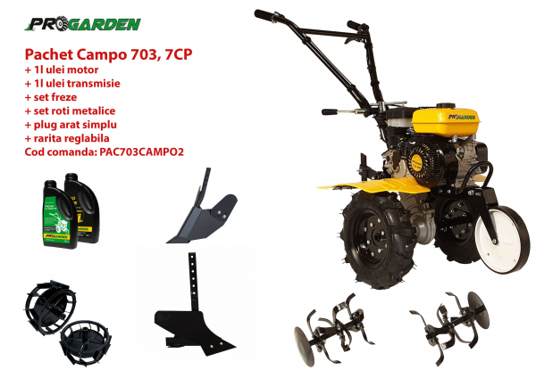 Pachet motocultor Campo 703, benzina, 7CP, 2+1 trepte, 2+1 freze, accesorii, ulei motor si transmisie incluse [1]