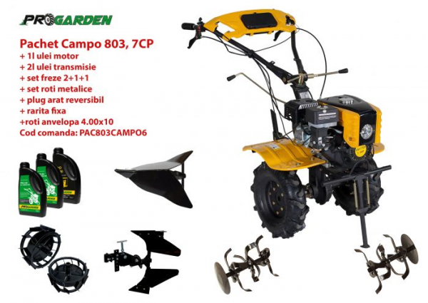 Pachet motocultor Campo 803, benzina, 7CP, 2+1 trepte, 2+1+1 freze, plug bilonat, accesorii, ulei motor si transmisie incluse [1]