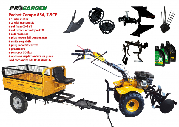 Pachet motocultor Campo 854, benzina, 7.5CP, 2+1 trepte, roti atv, manicot rulment, remorca 500kg, accesorii, ulei motor si transmisie incluse [1]