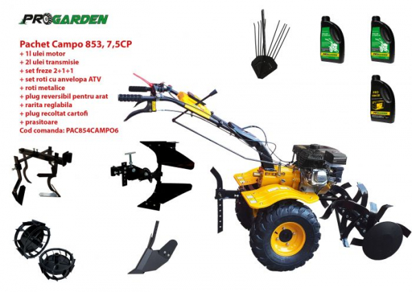 Pachet motocultor Campo 854, benzina, 7.5CP, 2+1 trepte, roti atv, manicot rulment, accesorii, ulei motor si transmisie incluse [1]