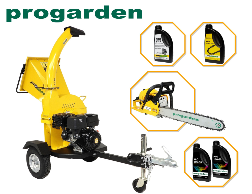 Pachet ProGARDEN TB120 tocator resturi vegetale, 12CP, benzina, 120mm + MF3545P Motoferastrau 450mm, 3.4CP, benzina 2T, 55cmc + 4L ulei [1]