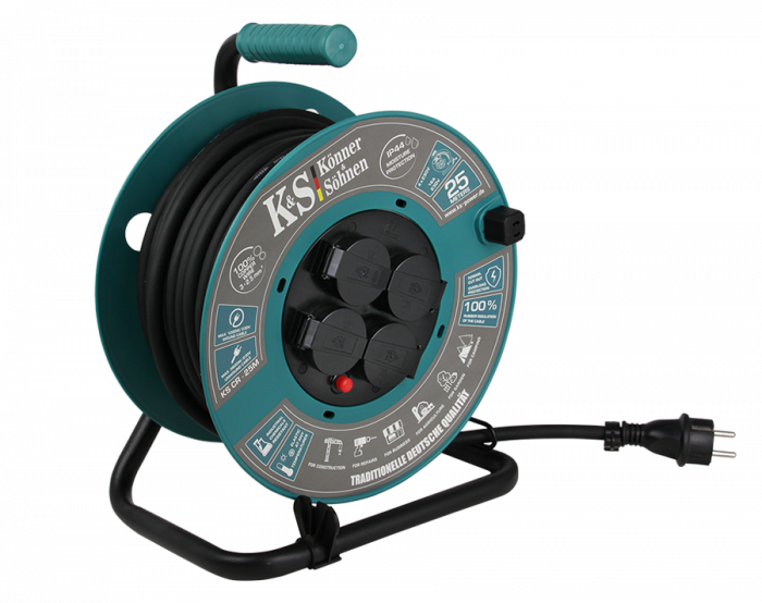 Prelungitor cu tambur KS CR-25M Konner & Sohnen, 3600 W, 25 metri, stecher 1 x 16А / 230V, prize 4 x 16А / 230V, cablu 3*2.5 mm din cupru, tambur din plastic [2]