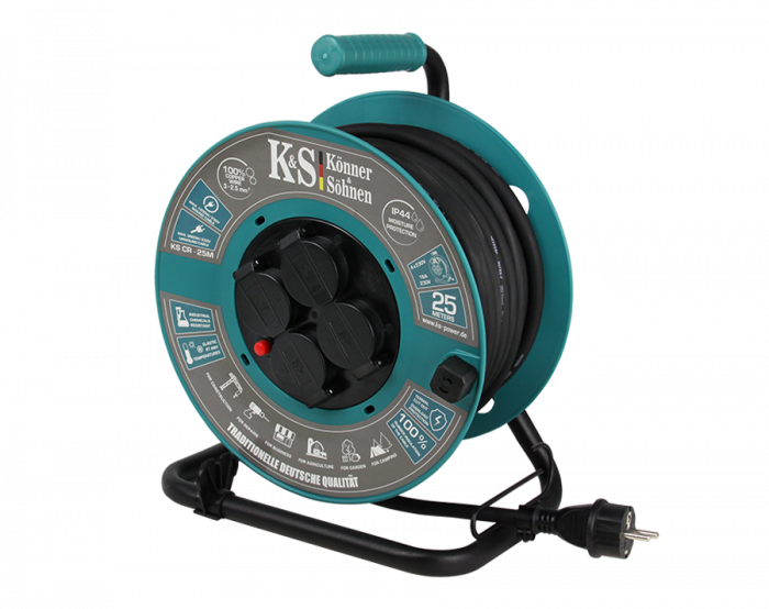 Prelungitor cu tambur KS CR-25M Konner & Sohnen, 3600 W, 25 metri, stecher 1 x 16А / 230V, prize 4 x 16А / 230V, cablu 3*2.5 mm din cupru, tambur din plastic [8]