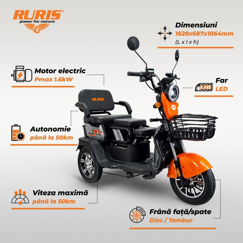 Triciclu electric RURIS Pilot 3010G Gri, 1600W, 2 locuri, autonomie pana la 50 km [2]