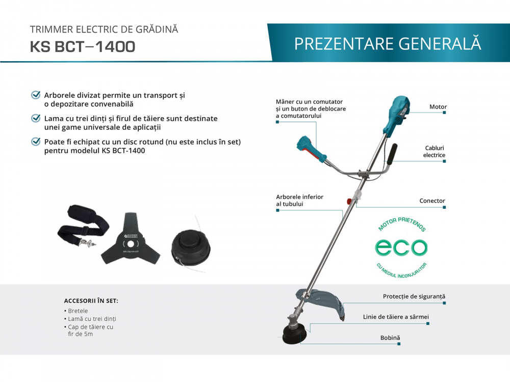 Trimmer electric de grădină  Konner & Sohnen KS BCT-1400, 14000W, 230V, 7500 RPM, diametru taiere 42 cm [2]