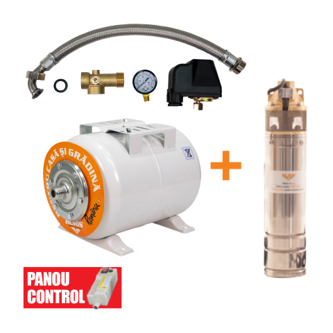 Hidrofoare - Kit pompa cu functie de hidrofor RURIS Dunarea 24, pompa submersibila Aqua 101, vas expansiune 24L, panou control inclus