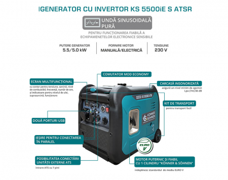 Generator invertor Könner & Söhnen KS 5500iES ATSR, 5.5 kW, benzina, 9.5 cp, 1х16А, 1х32А, motor KS 330i, consum redus, LED display [7]