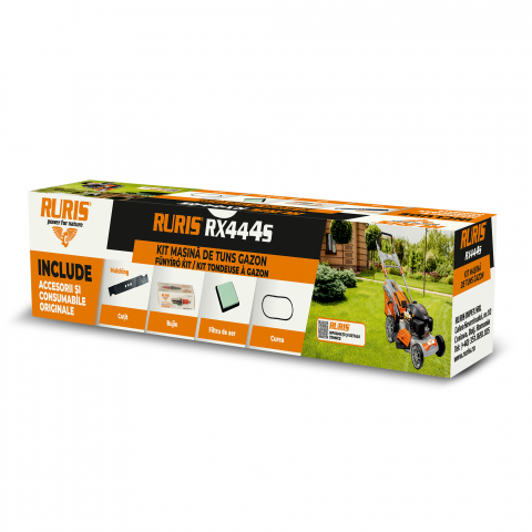 Accesorii utilaje agricole - Kit mașină de tuns gazon RURIS RX444S  (cutit mulching, curea, filtru aer, bujie, kit surub)