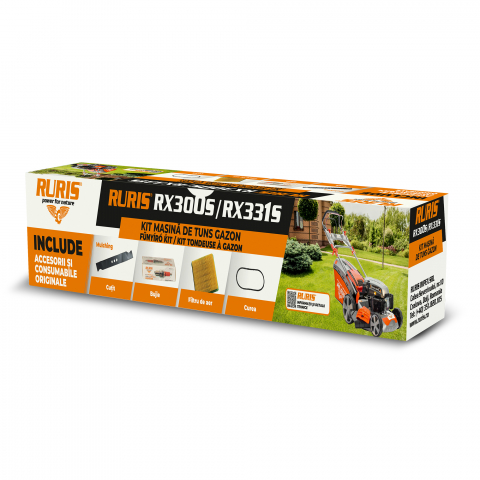 Utilaje agricole - Kit mașină de tuns gazon RURIS RX300S / RX331S (cutit mulching, curea, filtru aer, bujie, kit surub)