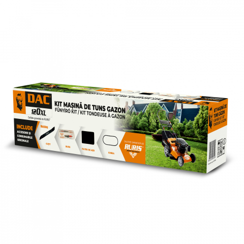 Accesorii utilaje agricole - Kit masina de tuns gazon RURIS DAC 120xl (cutit functie mulching, curea, filtru aer, bujie, kit surub)
