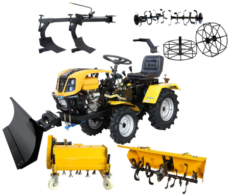 Mini tractor ProGARDEN Campo T18, 18CP, benzina, ridicare hidraulica, capota cu 4 faruri, freza tractata, tocator vegetatie, plug dublu, ansamblu sapare, roti metalice si lama zapada [0]