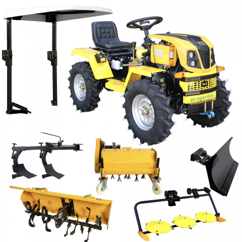 Minitractor ProGARDEN Campo T12 V25.1 4x4, 12CP, diesel, hidraulica fata-spate, roti 6.00-12 cu acoperis + freza tractata, plug, tocator vegetatie, cositoare cu discuri si lama zapada/pietris [0]