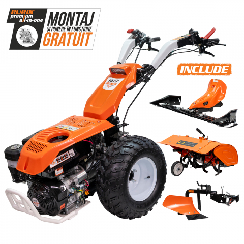 Utilaje agricole - Motocultivator RURIS 1077CSP 16CP, benzina, pornire electrica, 3+2 viteze, diferential + lama de cosit CX77 + freza de sapat SX77 + plug PX77