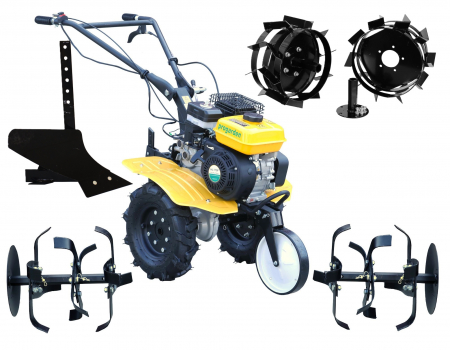 Motocultor ProGARDEN Campo 703 4563000002  7CP, 2+1 trepte, roti 4.00-8, 2+1 freze, benzina, curele, transmisie aluminiu + plug simplu pentru arat + roti metalice cu manicoti [0]