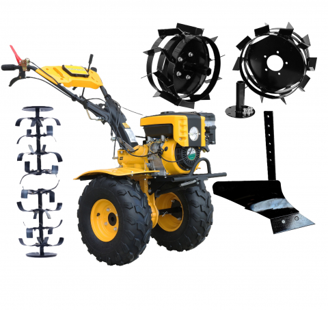 Motocultor ProGARDEN Campo 873 Alpine 7CP, 2+1 trepte, 2+1+1 freze, benzina, roti ATV, 2 prize putere cu freze pentru sapat+ plug simplu pentru arat + roti metalice cu manicoti [0]