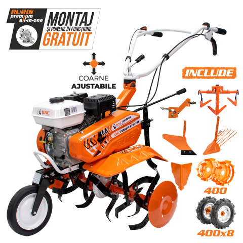 Utilaje agricole - Motosapa Ruris DAC 7000acc3 + roti cauciuc 4.00-8 + rarita+plug + adaptor + dispozitiv scos cartofi + roti metalice 400 + cultivator