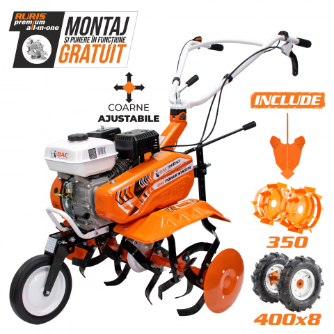Utilaje agricole - Motosapa Ruris DAC 7000ACC1, 7 CP, 2+1 trepte, latime lucru 56-83 cm + roti cauciuc 4.00-8 + rarita ajustabila + roti metalice 350