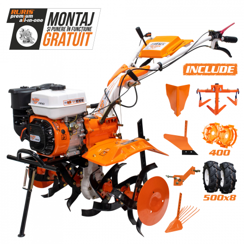 Utilaje agricole - Motosapatoare RURIS 731ACC1 8,5 CP + roti cauciuc 5.00-8+rarita+plug+adaptor+dispozitiv scos cartofi+roti metalice 400 fara manicot+cultivator