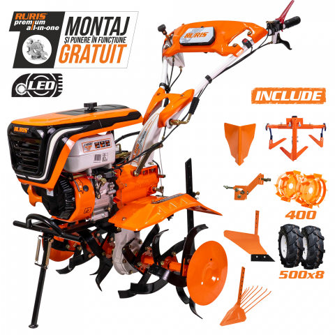 Motosape si motocultoare - Motosapatoare RURIS 732ACC 8.5 CP+ roti cauciuc 5.00-8+rarita+plug+adaptor+dispozitiv scos cartofi+roti metalice 400 fara manicot+cultivator