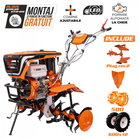 Utilaje agricole - Motosapatoare RURIS 918ACC + roti cauciuc 6.00-12 + rarita + plug reversibil rev2 + roti metalice 500 18 CP