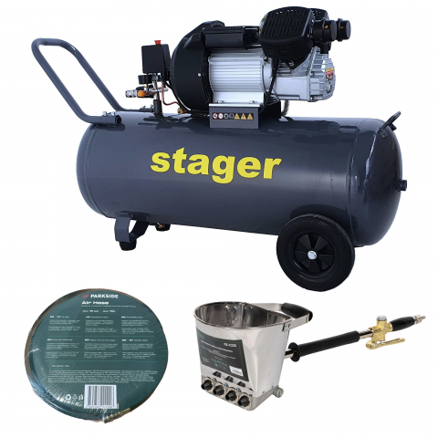Pachet compresor Stager HM3100V, 100L, 8 bar cu masina de tencuit pereti si furtun 10 m [0]