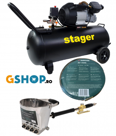Pachet compresor Stager HM3100V 3CP, 100L,10 bar cu masina de tencuit pereti Detoolz DZ-C223si furtun 10 m [0]