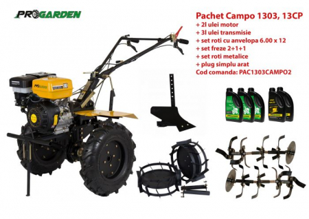 Pachet motocultor Campo 1303, benzina, 13CP, 2+1 trepte, accesorii, ulei motor si transmisie incluse [0]