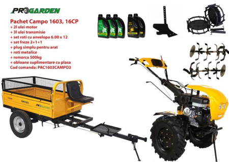 Pachet motocultor Campo 1603, benzina, 16CP, 2+1 trepte, remorca 500kg, accesorii, ulei motor si transmisie incluse [0]