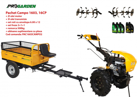 Pachet motocultor Campo 1603, benzina, 16CP, 2+1 trepte, remorca 500kg, ulei motor si transmisie incluse [0]