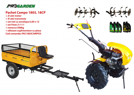 Pachet motocultor Campo 1803, benzina, EURO5, 18CP, 2+1 trepte, remorca 500kg, ulei motor si transmisie incluse [0]