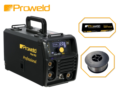 ProWeld Professional - Pachet ProWELD Flux 932 Invertor sudare Flux, MMA + E71T-GS sarma sudura flux 0.8mm, rola 1kg/D100 + E6013 electrozi rutilici 2.5mm, 1kg
