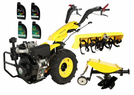 ProGARDEN Campo U12E motocultor multifunctional 12CP, diesel, pornire electrica, 3+2 viteze, reductor cu freza tractata 90 cm si plug rotativ BT-R30 + CADOU ulei motor si transmisie [0]