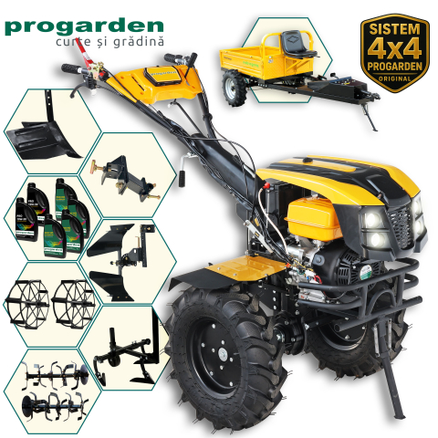 Motosape si motocultoare - ProGARDEN Pachet Campo 1873 Alpine V2 Motocultor 18CP + RM500T Remorca + 2xPlug + Prasitoare + Adaptor + 2xRoti metalice 540x170 + 6L Ulei