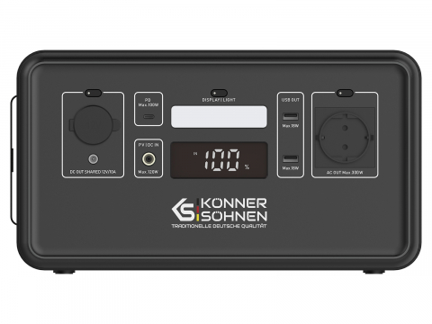 Satie portabila de alimentare KS 300PS Konner Sohnen, baterie LiFePO4 putere nominala 300 W, putere maxima 500 W, capacitate baterie 296 Wh, 1x Schuko 230 V/50 Hz, afisaj LED