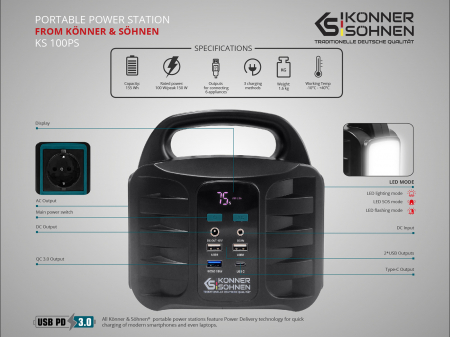 Statie portabila de incarcare KS 100PS, 100W putere nominala, capacitate baterie 155 Wh, 150 W, 15 V/2 A, lampa LED, afisaj LED [7]