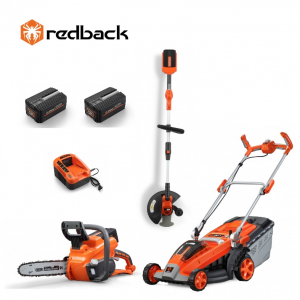 Masini de tuns gazon - Set Redback masina de tuns gazon E137C + trimer E312D + motoferastrau 14" E214C + 2 ac Li-Ion EP20 2Ah + incarcator EC20 2A