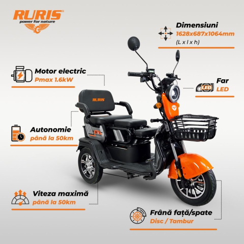 Triciclu electric RURIS Pilot 3010G Gri, 1600W, 2 locuri, autonomie pana la 50 km [1]