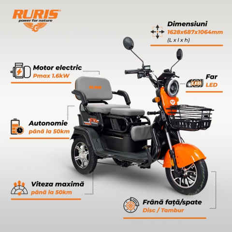 Triciclu electric RURIS Pilot 3010N Negru, 1600W, 2 locuri, autonomie pana la 50 km [1]