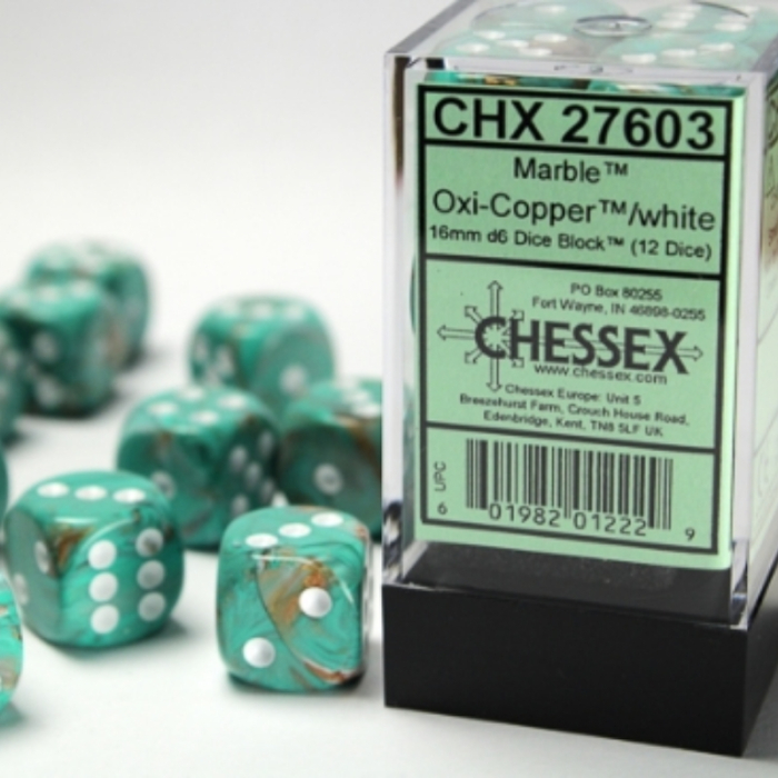 Chessex Marble Dice Block 16 mm Oxi‑Copper/White D6 with Pips (12 dice) [4]