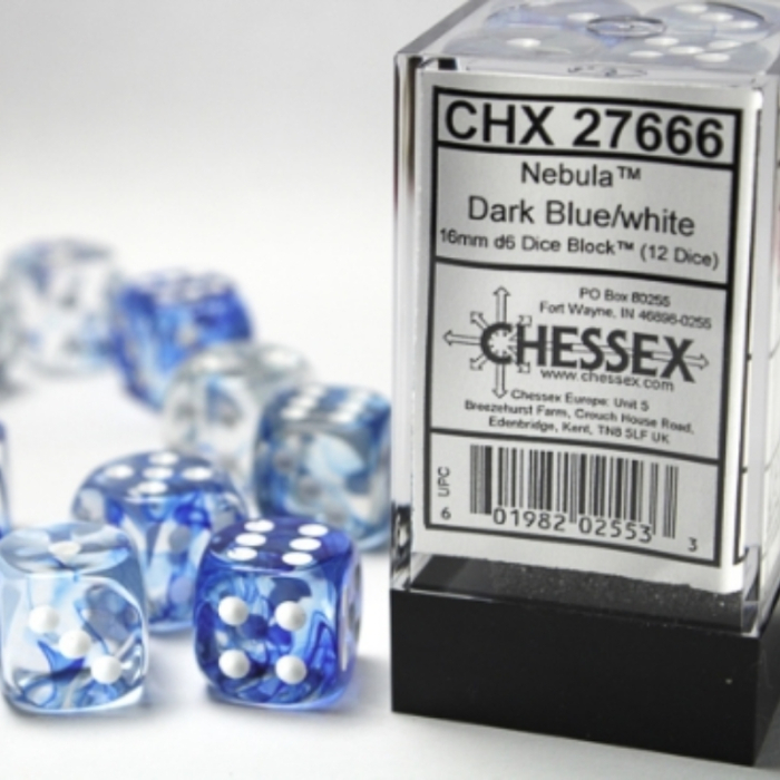 Chessex Nebula Dice Block 16 mm Dark Blue/White D6 with Pips (12 dice) [2]